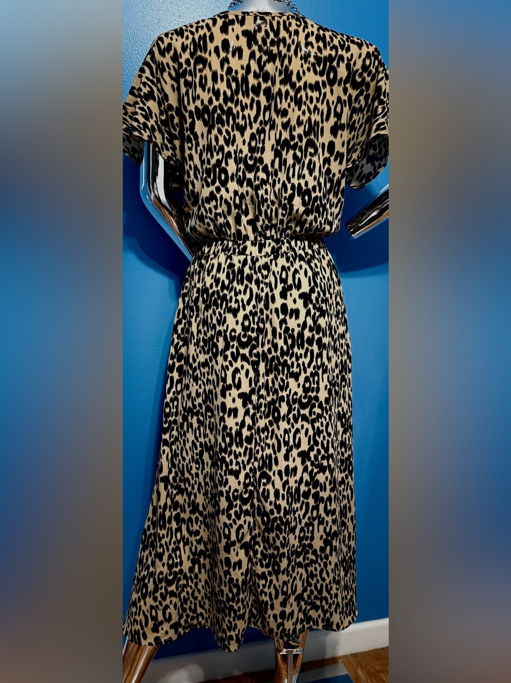Sienna Sky Leopard Print V-Neck Tie-Waist Midi Dress - Black on Beige - Picture 3 of 8